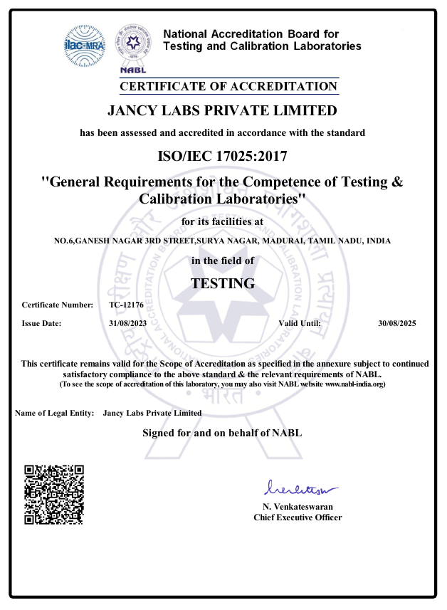 Jancy Testing Lab NABL accreditation certificate