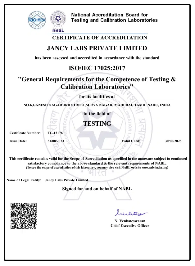 Jancy Testing Lab NABL accreditation certificate