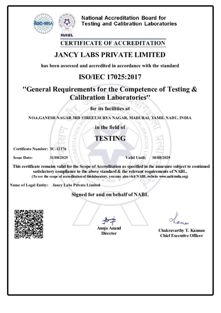 NABL Accreditation Certificate for Jancy Civil Testing Laboratory