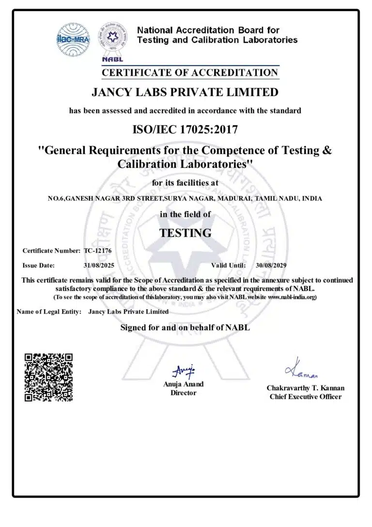 NABL Accreditation Certificate for Jancy Civil Testing Laboratory